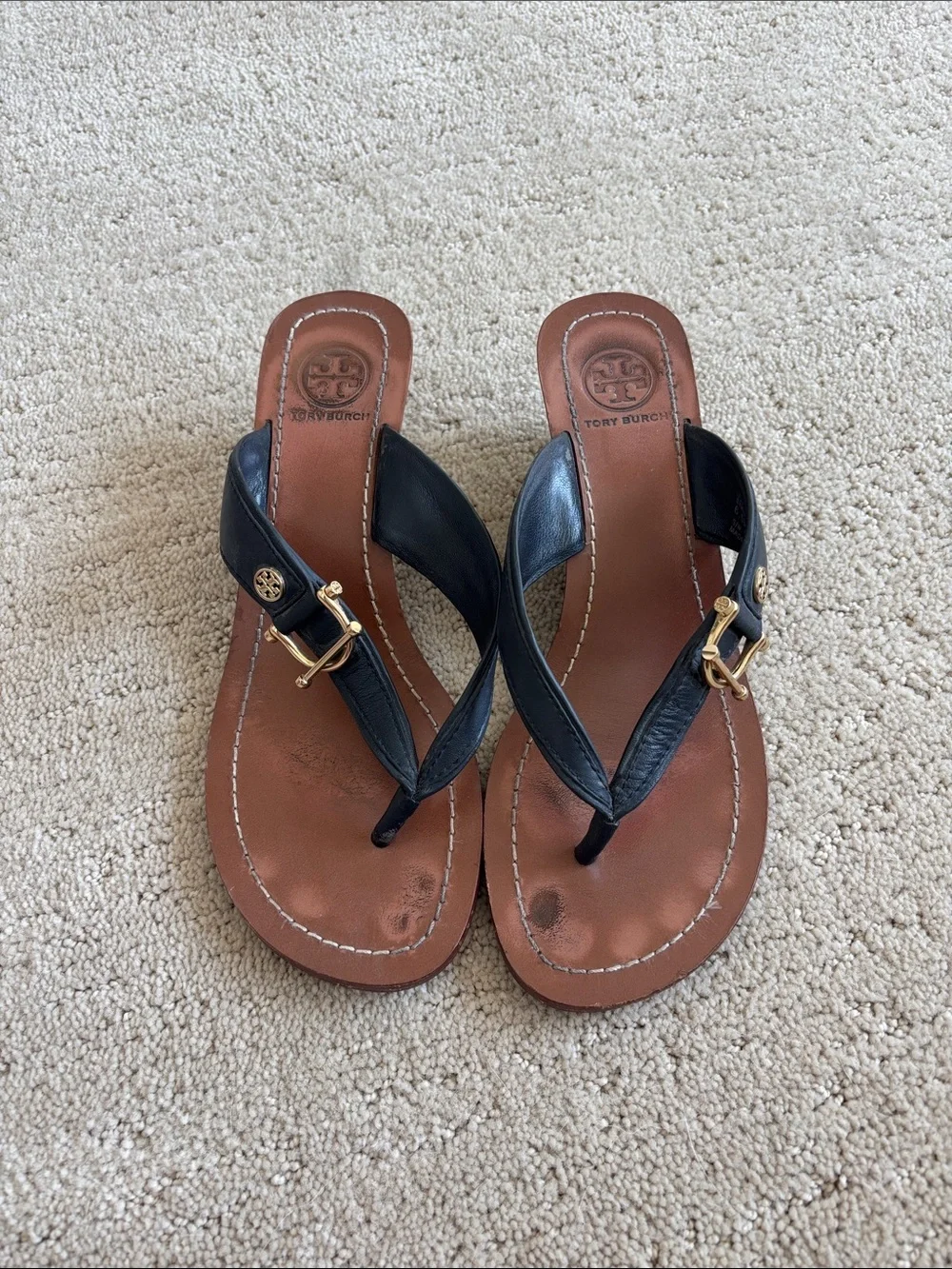 Navy Blue Wedge Sandals with Gold Accent